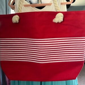 Red and White Striped Beach Bag with rope handles